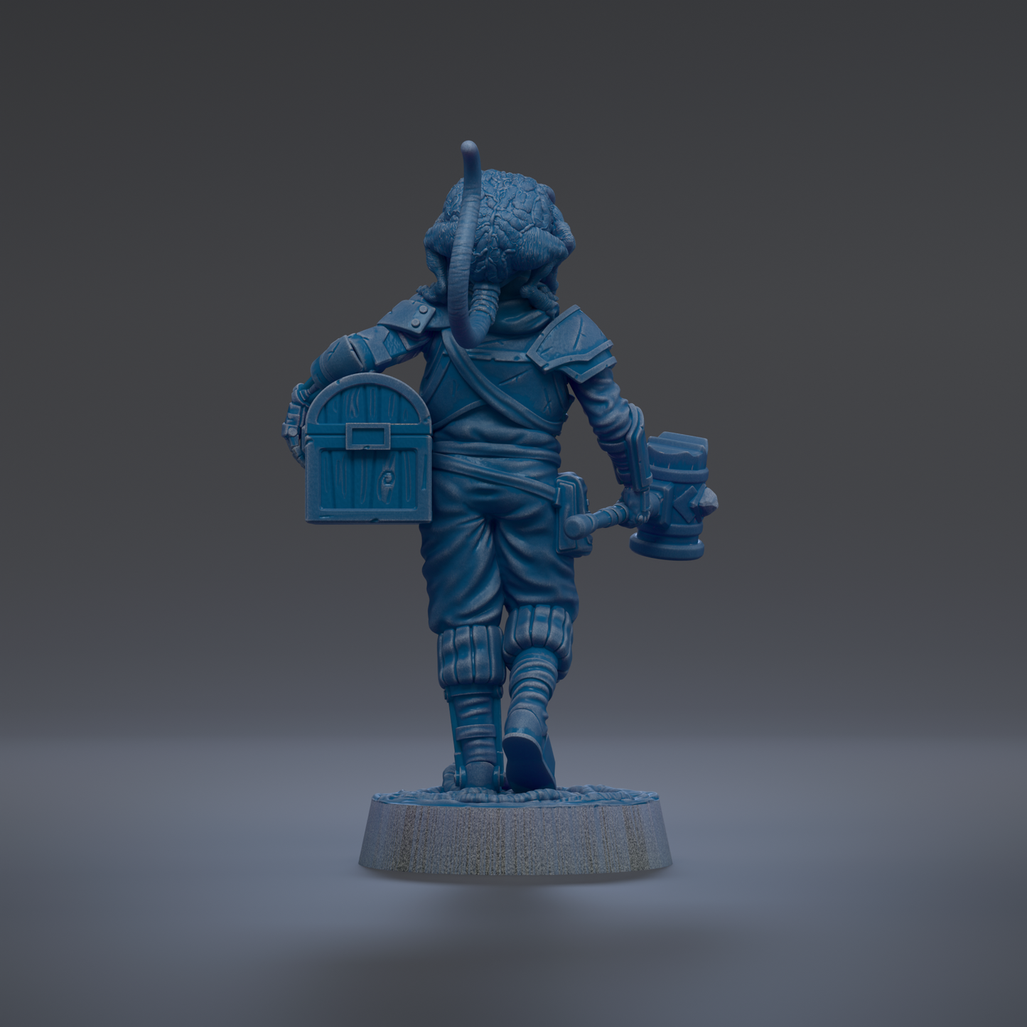 A blue figurine of a character holding a chest and a hammer, standing on a platform against a dark background.