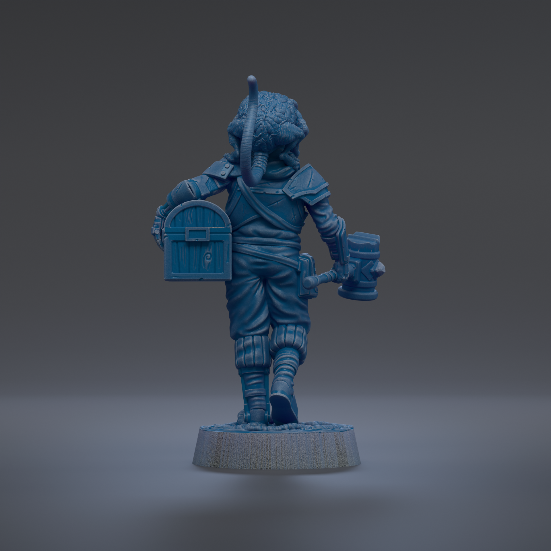 A blue figurine of a character holding a chest and a hammer, standing on a platform against a dark background.