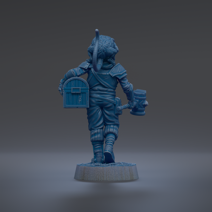 A blue figurine of a character holding a chest and a hammer, standing on a platform against a dark background.