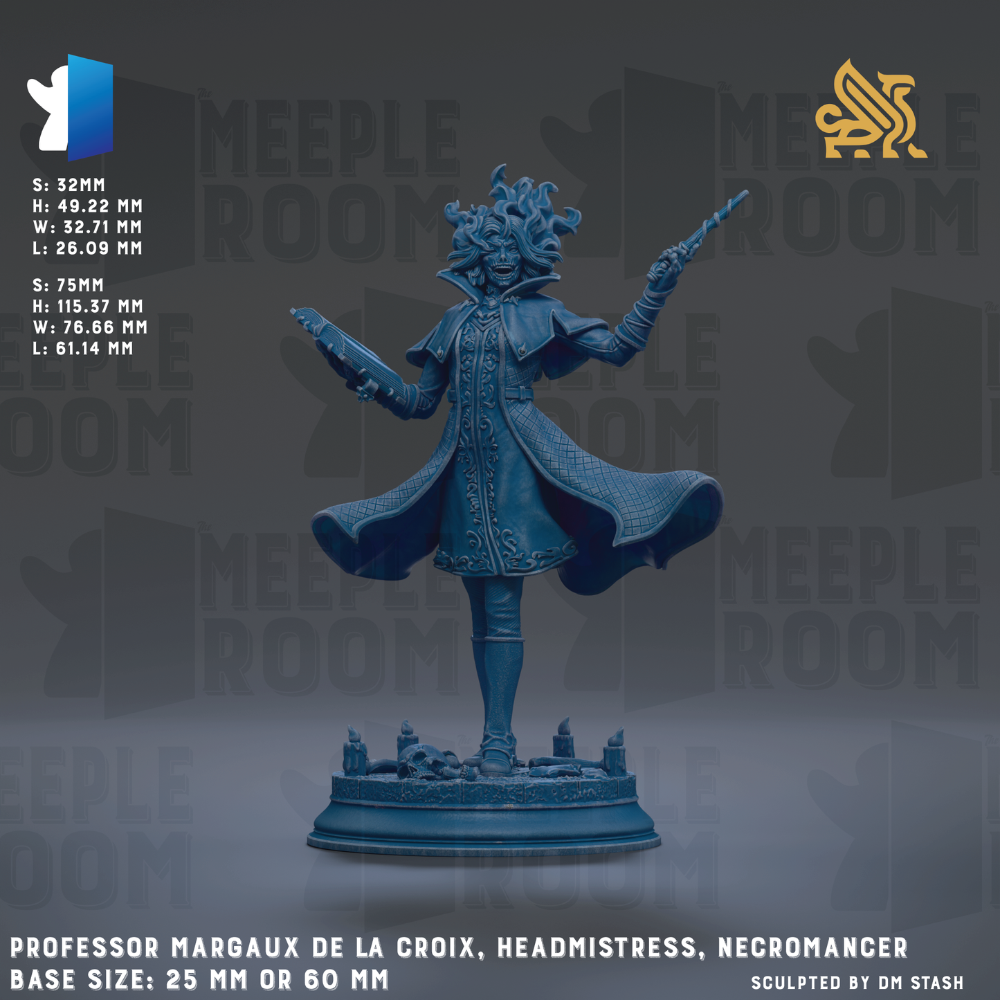 The image is a 3D rendering of a figurine of a character named Professor Margaux de la Croix, who is depicted as a headmister, Necromancer, and a professor. The figurine is shown in a dynamic pose, with one hand holding a sword and the other holding a shield. The base size of the figurine is 25mm or 60mm, depending on the perspective. The image is a 3D rendering of a character named Professor Margaux de la Croix, who is depicted as a headmister, Necromancer, and a professor.
