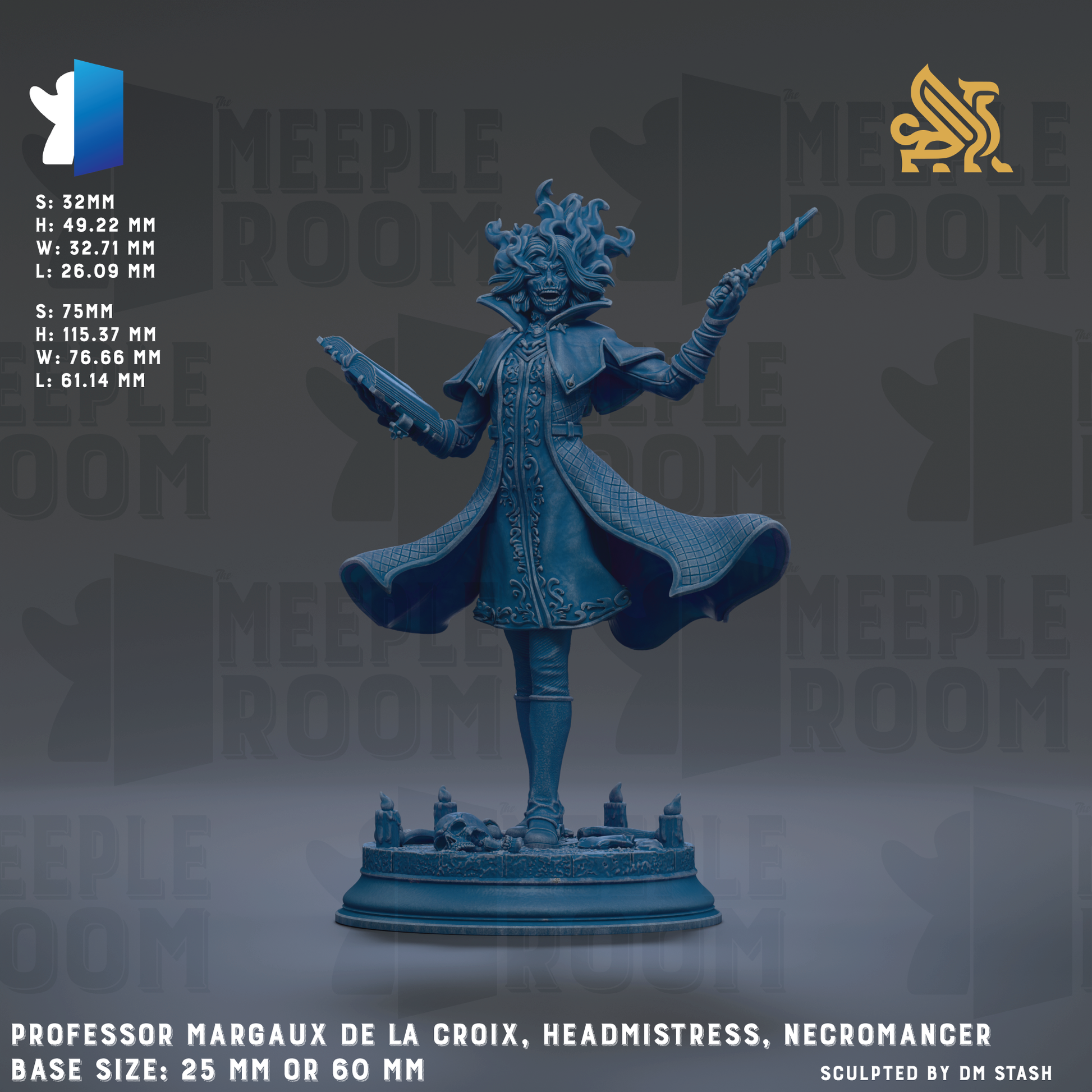 The image is a 3D rendering of a figurine of a character named Professor Margaux de la Croix, who is depicted as a headmister, Necromancer, and a professor. The figurine is shown in a dynamic pose, with one hand holding a sword and the other holding a shield. The base size of the figurine is 25mm or 60mm, depending on the perspective. The image is a 3D rendering of a character named Professor Margaux de la Croix, who is depicted as a headmister, Necromancer, and a professor.