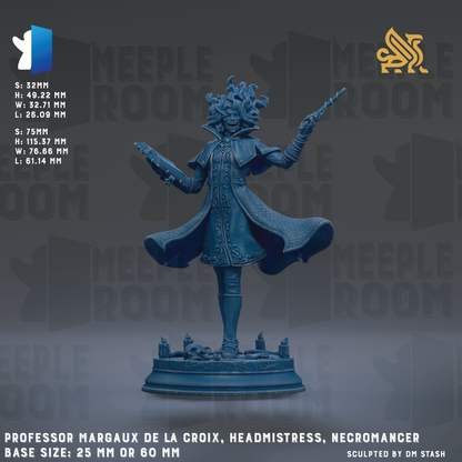 The image is a 3D rendering of a figurine of a character named Professor Margaux de la Croix, who is depicted as a headmister, Necromancer, and a professor. The figurine is shown in a dynamic pose, with one hand holding a sword and the other holding a shield. The base size of the figurine is 25mm or 60mm, depending on the perspective. The image is a 3D rendering of a character named Professor Margaux de la Croix, who is depicted as a headmister, Necromancer, and a professor.
