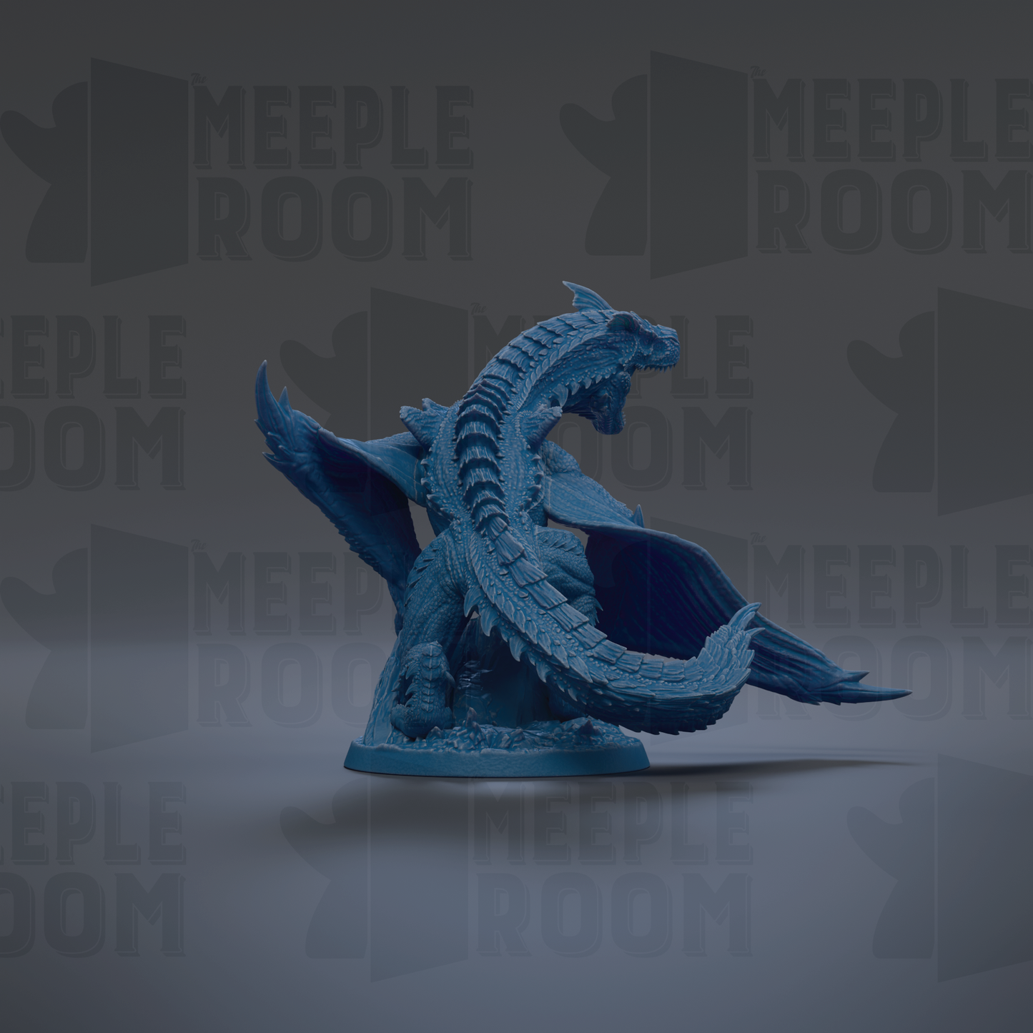 A blue dragon figurine is shown against a dark background with repeated text.