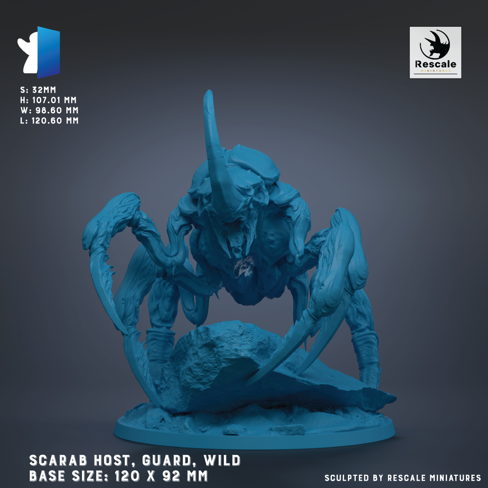 a large, blue, robotic creature with multiple arms and legs, resembling a spider or a large insect. The creature appears to be a guard or protector, possibly from a fantasy or science fiction setting. The creature is shown in a dynamic pose, with its arms and legs spread out. The image is described as a sculpture or a figurine, and it is shown in a 3D rendering. The base sizes of the sculpture are 120 x 92 mm.