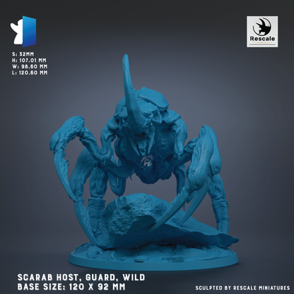 a large, blue, robotic creature with multiple arms and legs, resembling a spider or a large insect. The creature appears to be a guard or protector, possibly from a fantasy or science fiction setting. The creature is shown in a dynamic pose, with its arms and legs spread out. The image is described as a sculpture or a figurine, and it is shown in a 3D rendering. The base sizes of the sculpture are 120 x 92 mm.