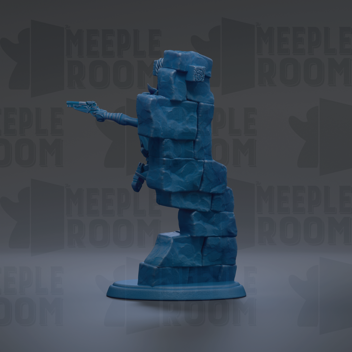 A blue 3D model of a figure holding a weapon, standing on a base made of stacked blue blocks.