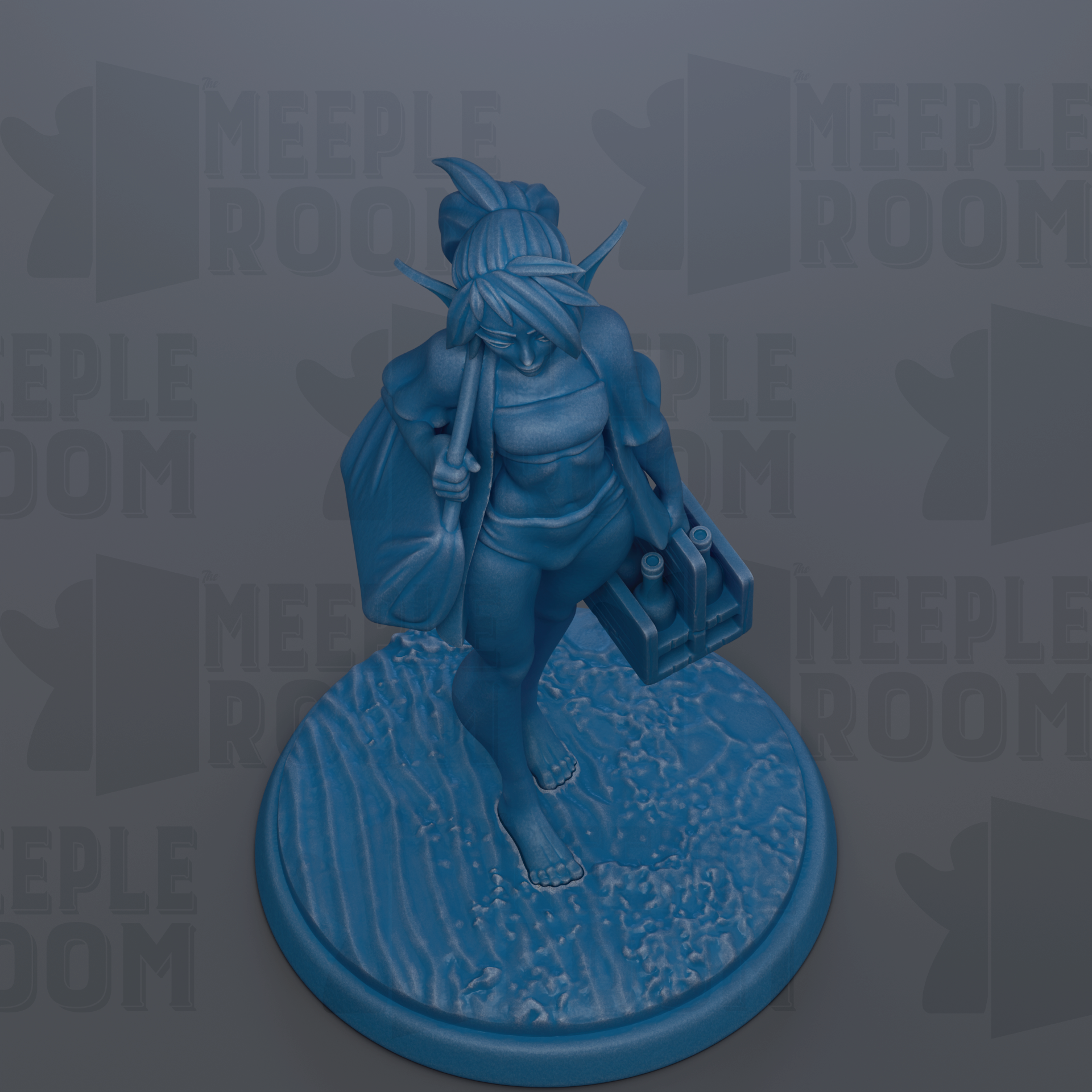A blue figurine of a person standing on a circular base, holding a small object in their hand.