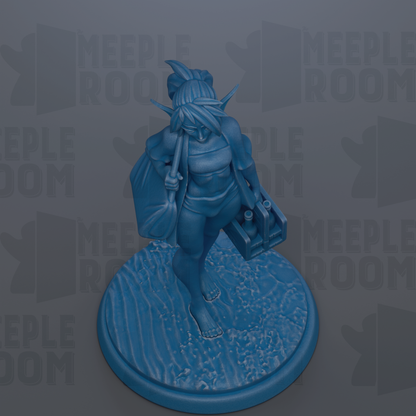 A blue figurine of a person standing on a circular base, holding a small object in their hand.
