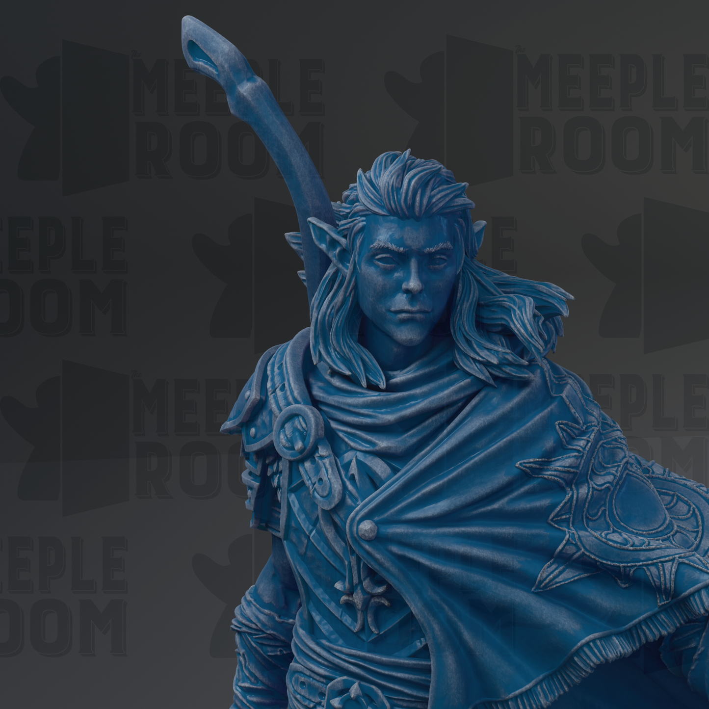 A blue statue of a warrior figure with a flowing cape and a sword in their hand, set against a dark background with the text "MEUPLE ROOM" repeated multiple times.