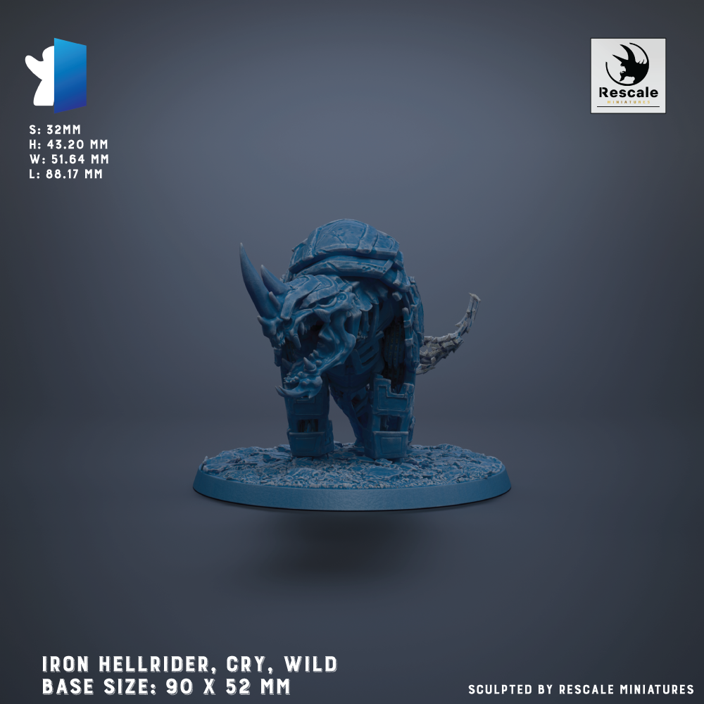 a 3D model of an Iron Hellrider, a wild creature with a fierce expression, standing on a blue base. The base sizes are 90 x 52 mm, and the image is described as a sculpted by Rescue miniatures.