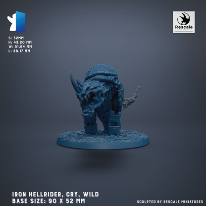 a 3D model of an Iron Hellrider, a wild creature with a fierce expression, standing on a blue base. The base sizes are 90 x 52 mm, and the image is described as a sculpted by Rescue miniatures.