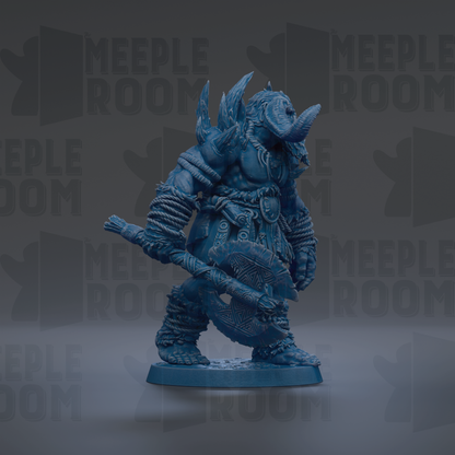 A blue, armored warrior figure stands in the center of the image, holding a large weapon.