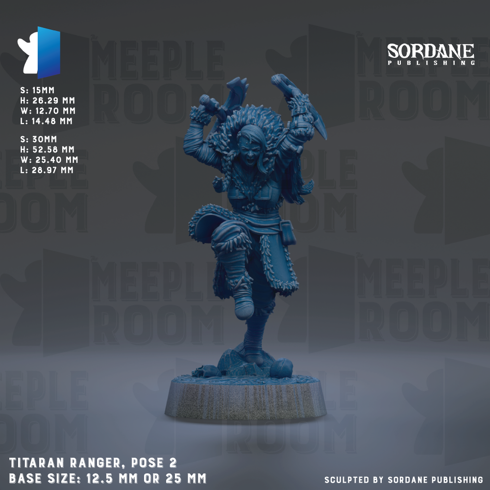 a statue of a warrior-like figure, possibly a Titaran Ranger, posed in a dynamic standing position. The statue is described as a "Titanian Ranger" and is shown in a base size of either 12.5 mm or 25 mm. The background of the image is a repeating pattern of the word "MEUPLEROOM".