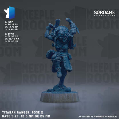 a statue of a warrior-like figure, possibly a Titaran Ranger, posed in a dynamic standing position. The statue is described as a "Titanian Ranger" and is shown in a base size of either 12.5 mm or 25 mm. The background of the image is a repeating pattern of the word "MEUPLEROOM".