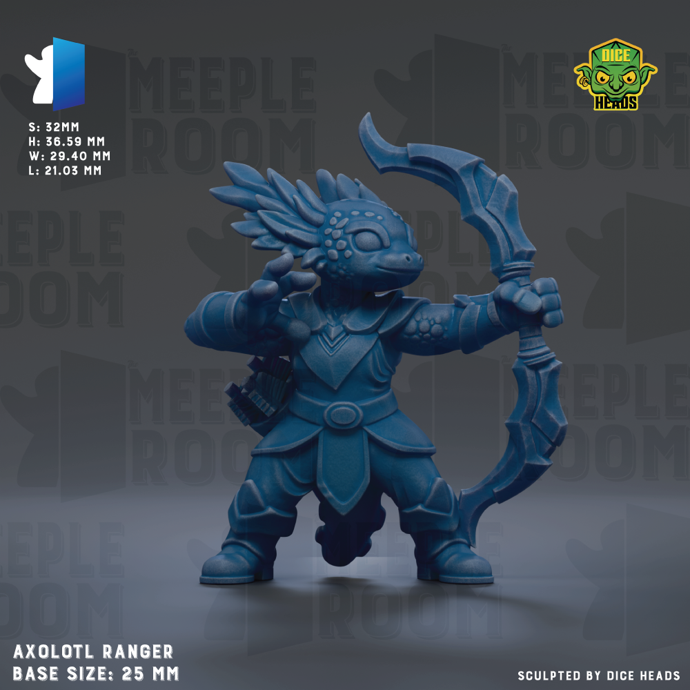 a blue figurine of a ranger character, specifically the Axolotl Ranger, with a sword and a shield. The figurine is described as a 25mm base size and is sculpted by dice heads.