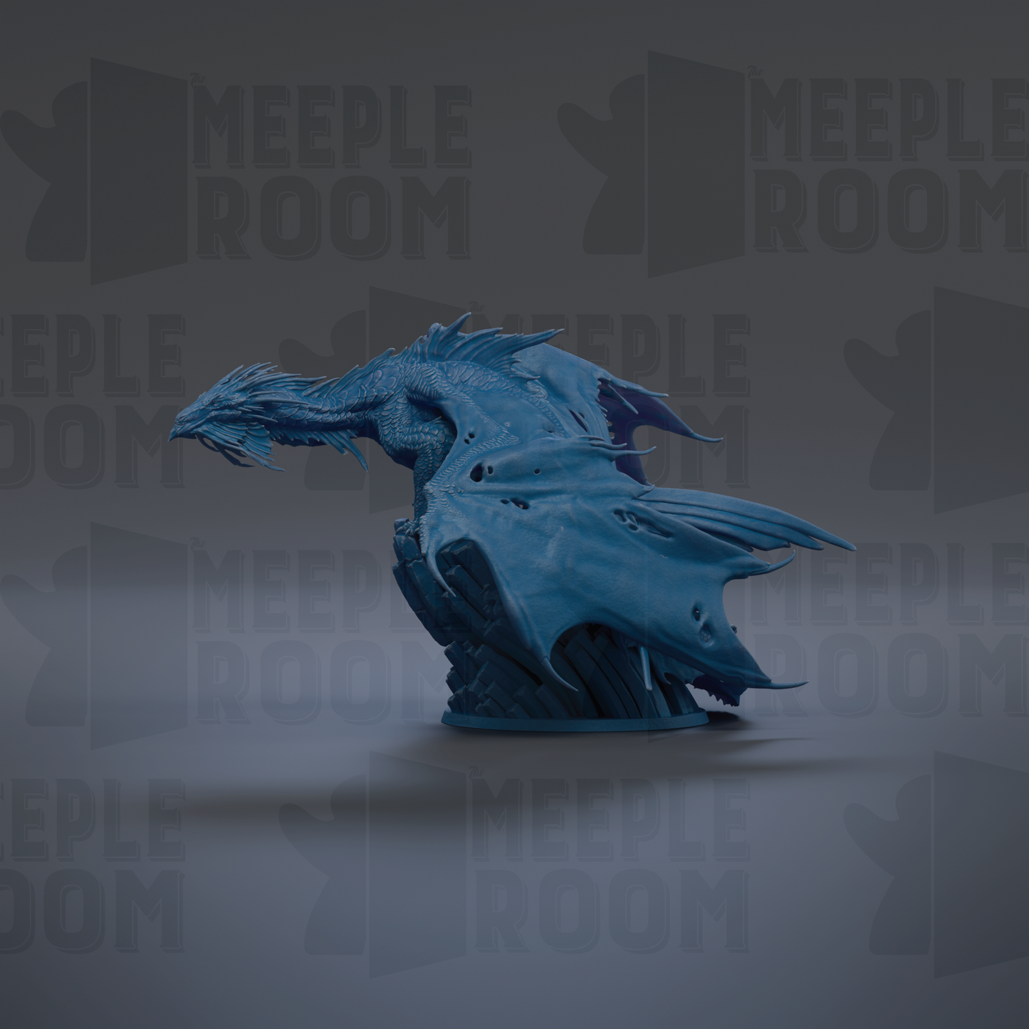A blue dragon figurine is displayed against a dark background with repeated text.