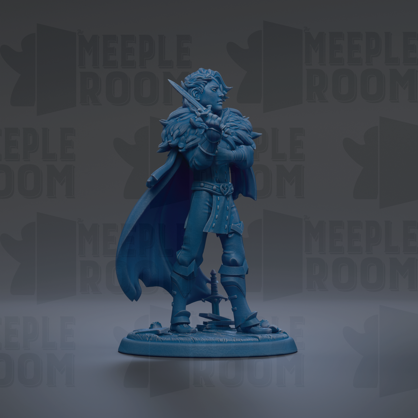 A blue figurine of a warrior standing on a base, holding a sword and shield, against a dark background with repeated text.
