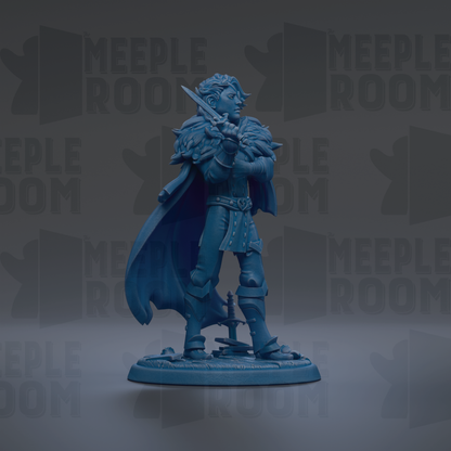 A blue figurine of a warrior standing on a base, holding a sword and shield, against a dark background with repeated text.