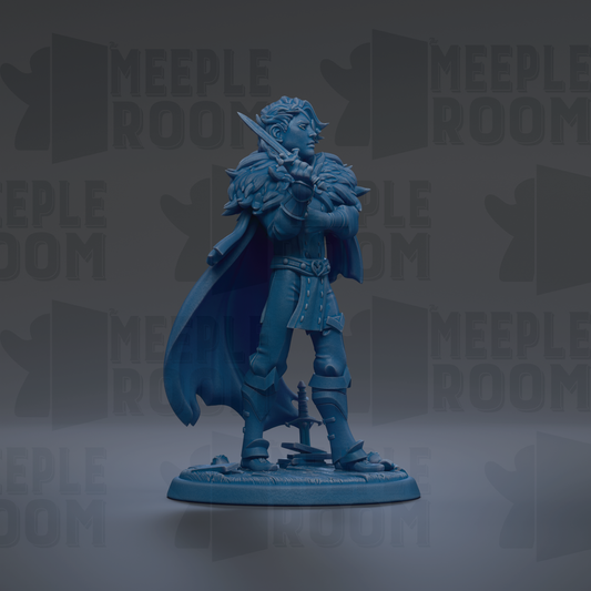 A blue figurine of a warrior standing on a base, holding a sword and shield, against a dark background with repeated text.