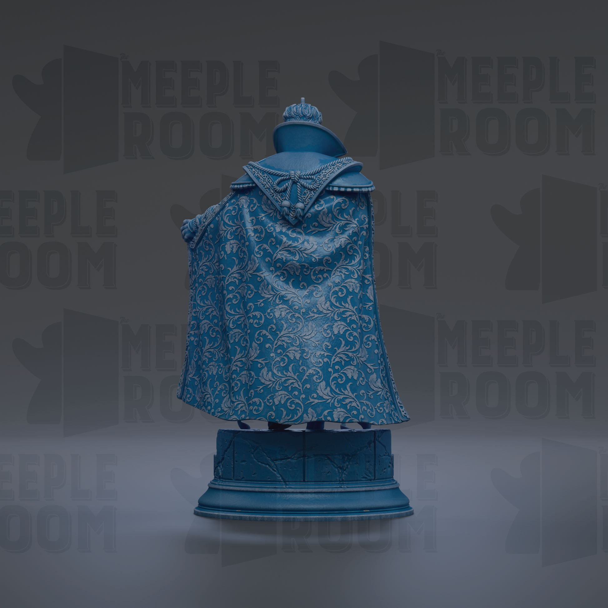 A blue statue of a person wearing a decorative blue cape and hat, standing on a pedestal.