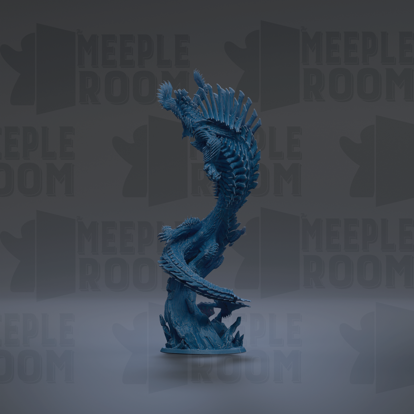 A blue, fantastical creature resembling a dragon or serpent is prominently featured in the center of the image, surrounded by a dark background with repeated text.