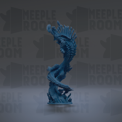 A blue, fantastical creature resembling a dragon or serpent is prominently featured in the center of the image, surrounded by a dark background with repeated text.