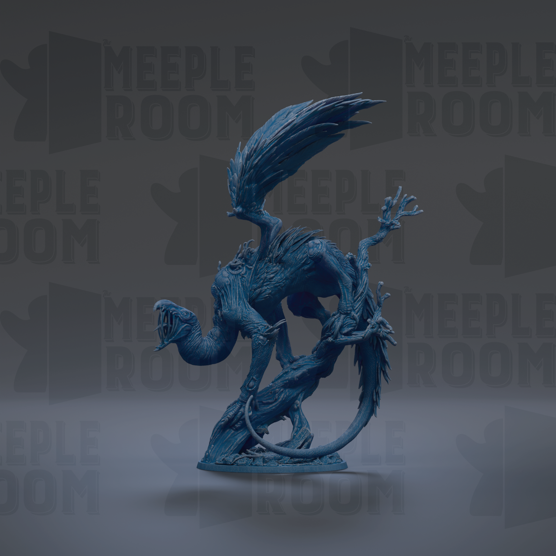 A blue dragon statue with wings and a tail, standing on a gray surface against a dark background with repeated text.