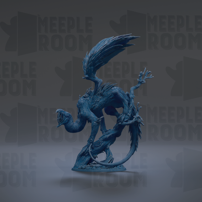 A blue dragon statue with wings and a tail, standing on a gray surface against a dark background with repeated text.