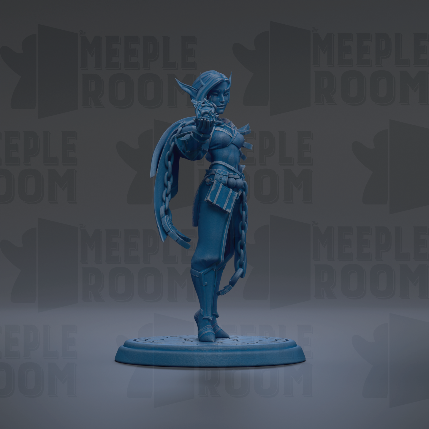A blue figurine of a character with a sword and shield stands on a platform against a dark background with repeated text.