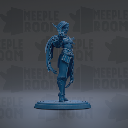 A blue figurine of a character with a sword and shield stands on a platform against a dark background with repeated text.
