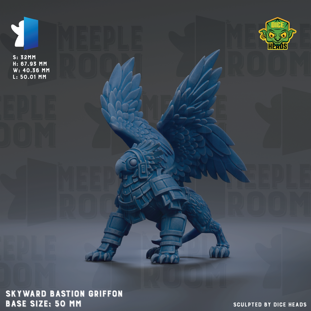 The image is a 3D rendering of a blue winged creature, possibly a mythical or fantastical creature, with a detailed and intricate design. The creature appears to be a sculpture or model, and it is described as a "SKYWARD BASTION GRIFFIN" with a base size of "50mm". The background of the image is a dark gray color, which contrasts with the blue of the creature and makes it stand out. The image does not contain any text or additional objects, and it is a static representation of the creature.