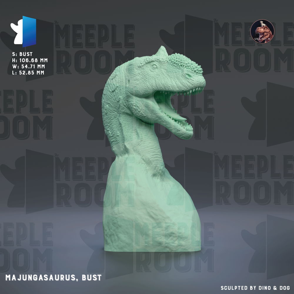 a bust of a green dinosaur, specifically a Majungasaurus, named Bust. The dinosaur is shown in a dynamic pose, with its mouth open, giving the impression of roaring. The background of the image is a dark gray color, with the word "MEIPLE ROOM" repeated multiple times, suggesting that the image is part of a larger collection or exhibition.