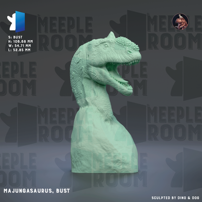 a bust of a green dinosaur, specifically a Majungasaurus, named Bust. The dinosaur is shown in a dynamic pose, with its mouth open, giving the impression of roaring. The background of the image is a dark gray color, with the word "MEIPLE ROOM" repeated multiple times, suggesting that the image is part of a larger collection or exhibition.