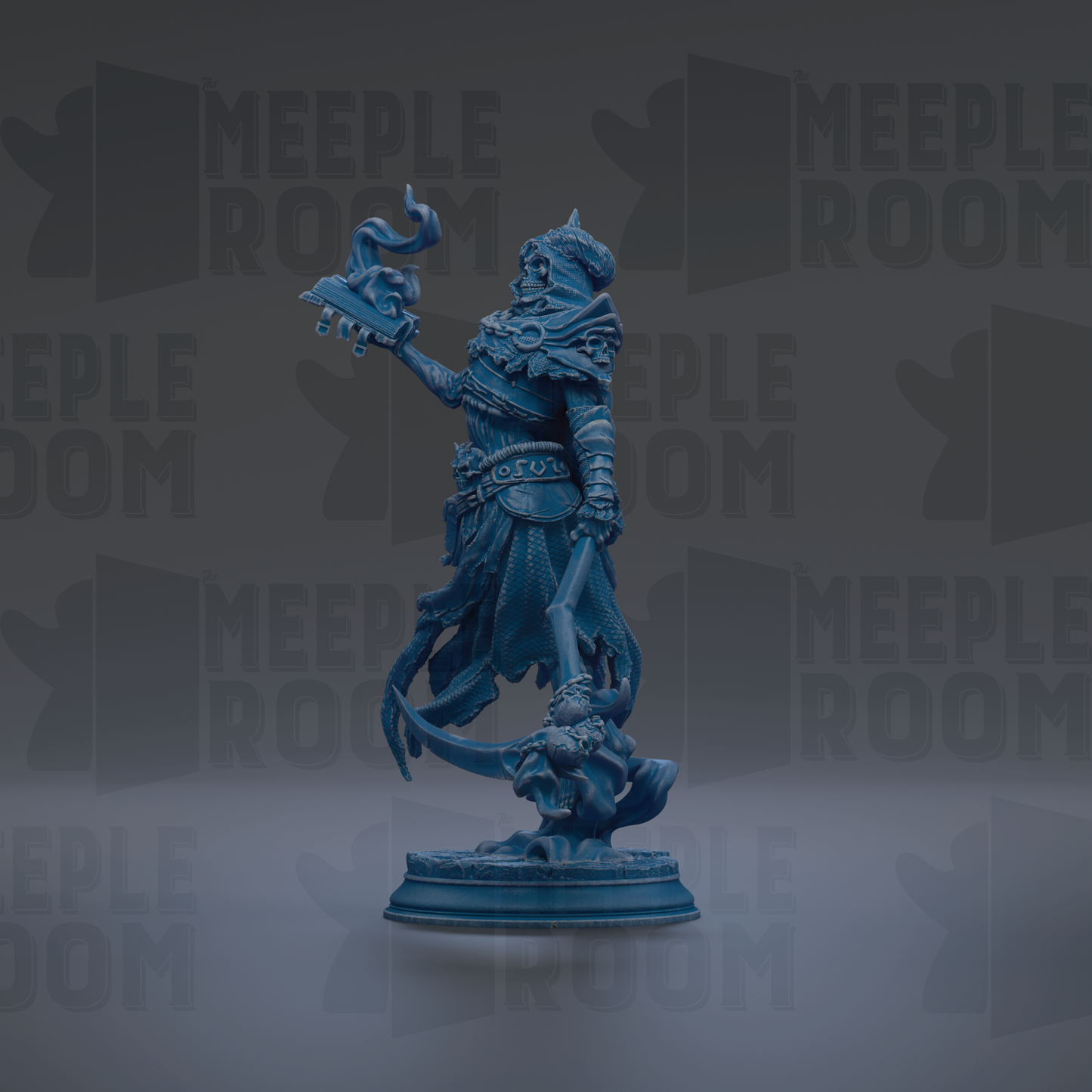 A blue statue of a figure holding a staff and a shield, standing on a pedestal.