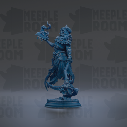 A blue statue of a figure holding a staff and a shield, standing on a pedestal.