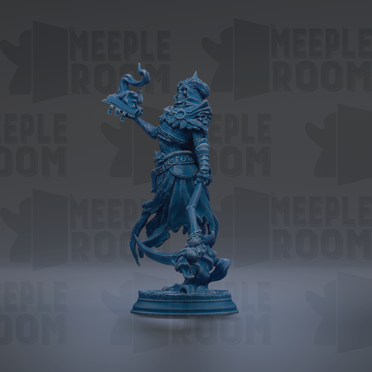A blue statue of a figure holding a staff and a shield, standing on a pedestal.