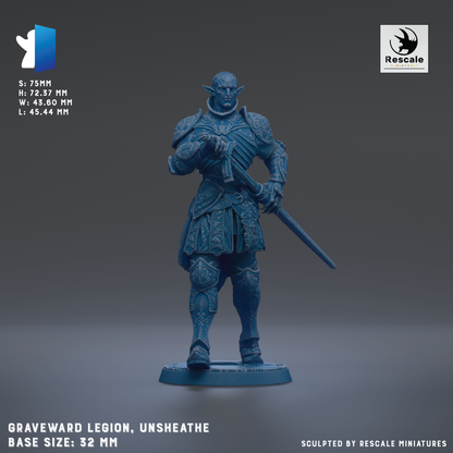 a figurine of a warrior standing in a fighting stance, holding a sword. The figurine is in a blue color and is described as a "graverdward legion, unsheathe base size: 22mm".