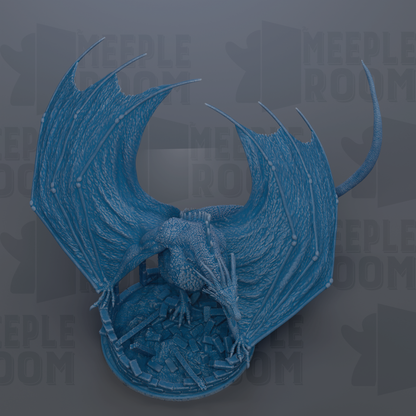 A detailed 3D rendering of a blue dragon-like creature with large wings and sharp teeth, set against a dark background with repeated text.