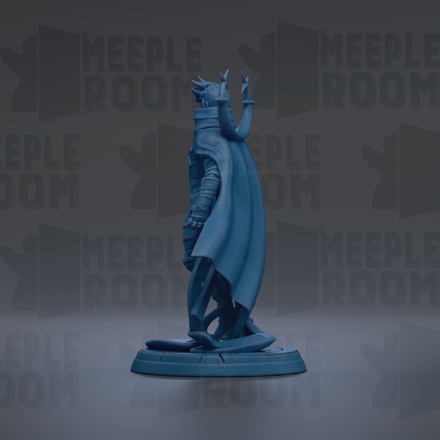 A blue figurine of a person standing on a platform, with the text "MEUPLE ROOM" repeated in the background.