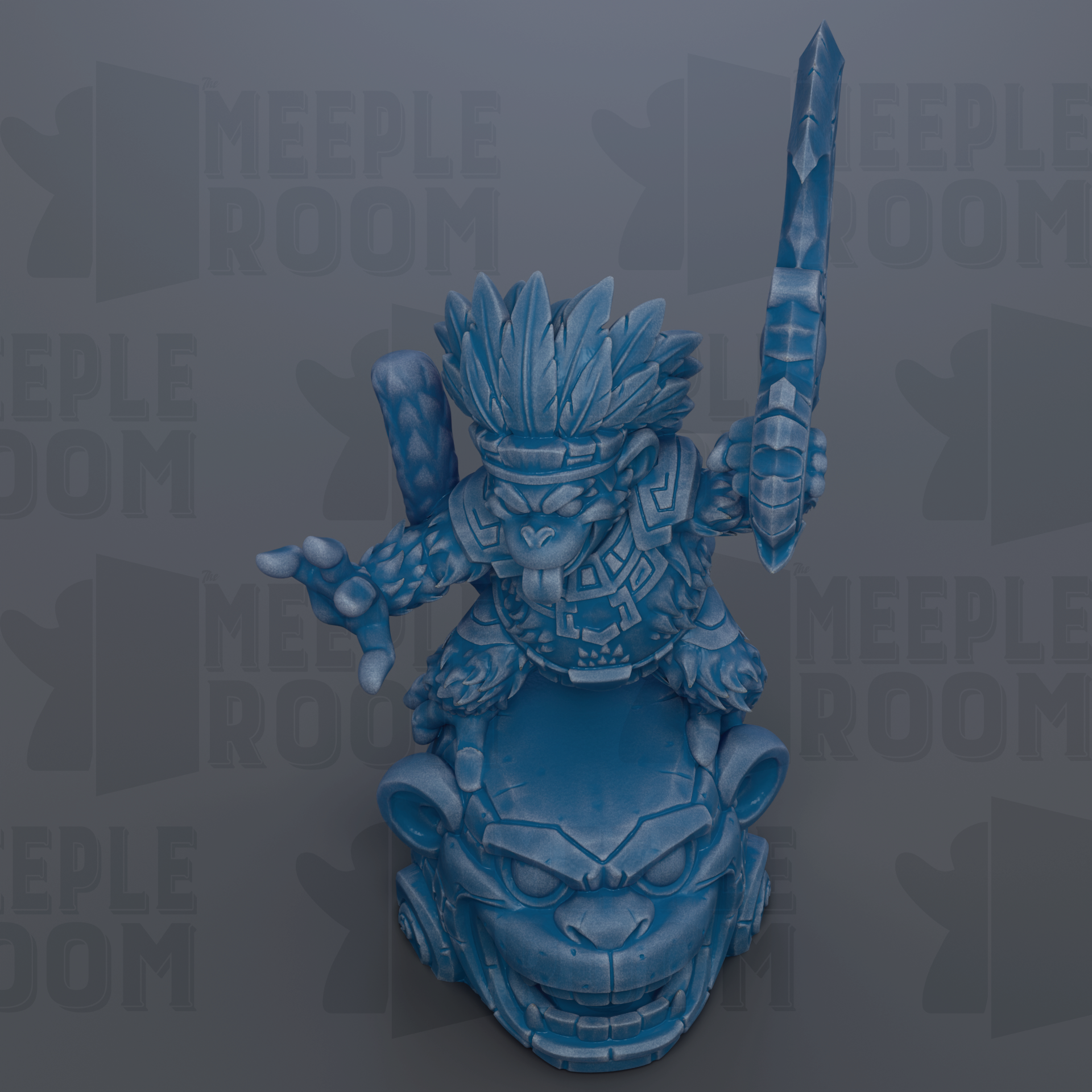 A blue, 3D-rendered figurine of a character with a large head and a sword, set against a gray background with repeated text.