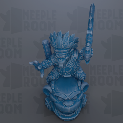 A blue, 3D-rendered figurine of a character with a large head and a sword, set against a gray background with repeated text.