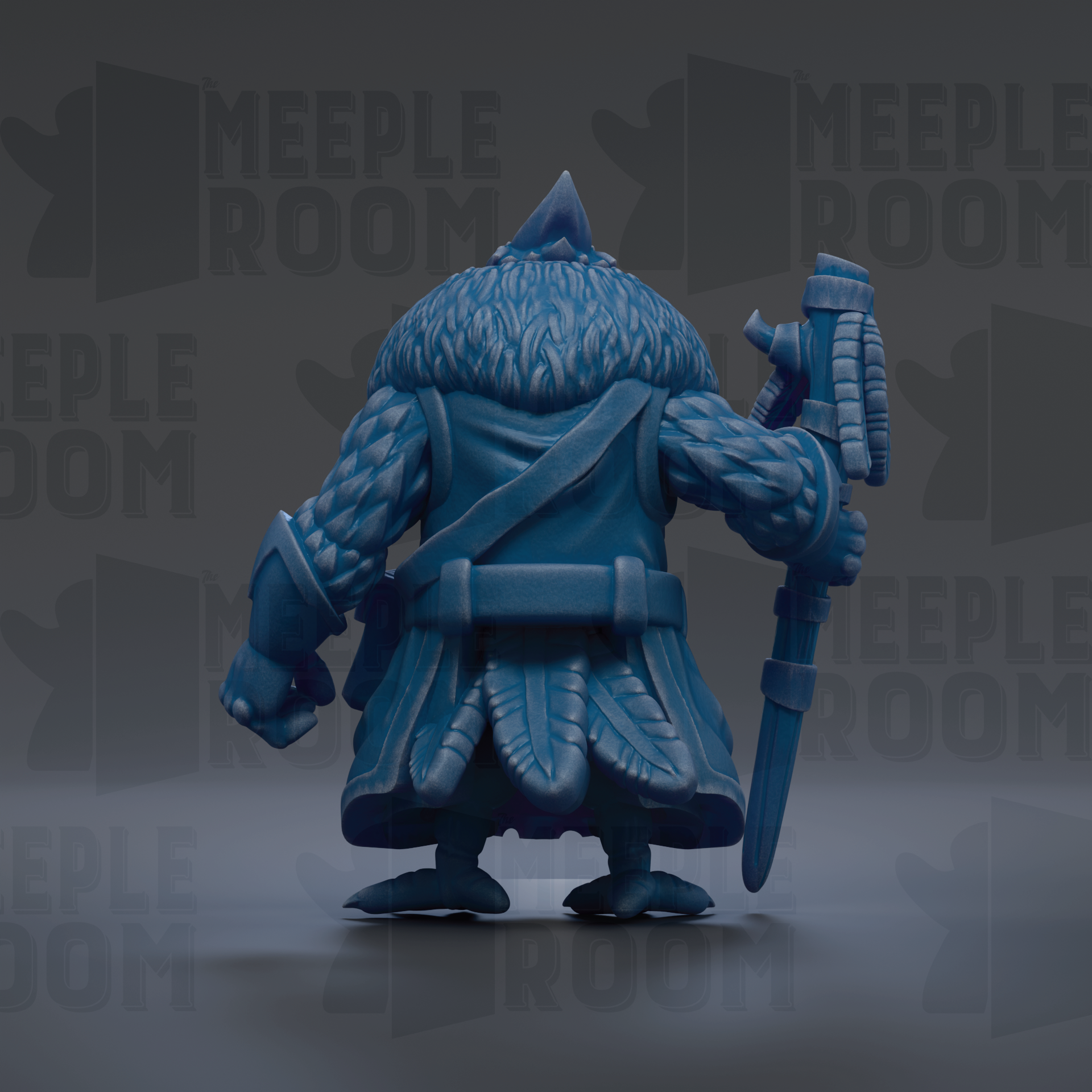 A blue, furry, and feathered character holding a sword and shield, standing against a dark background with repeated text.