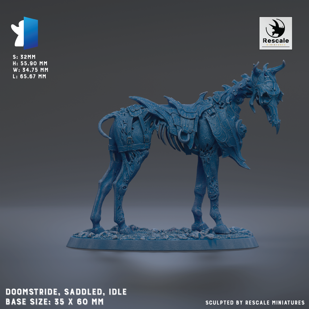 a blue, skeletal horse figurine with a saddle and bridle, standing on a base size of 35 x 60 mm.