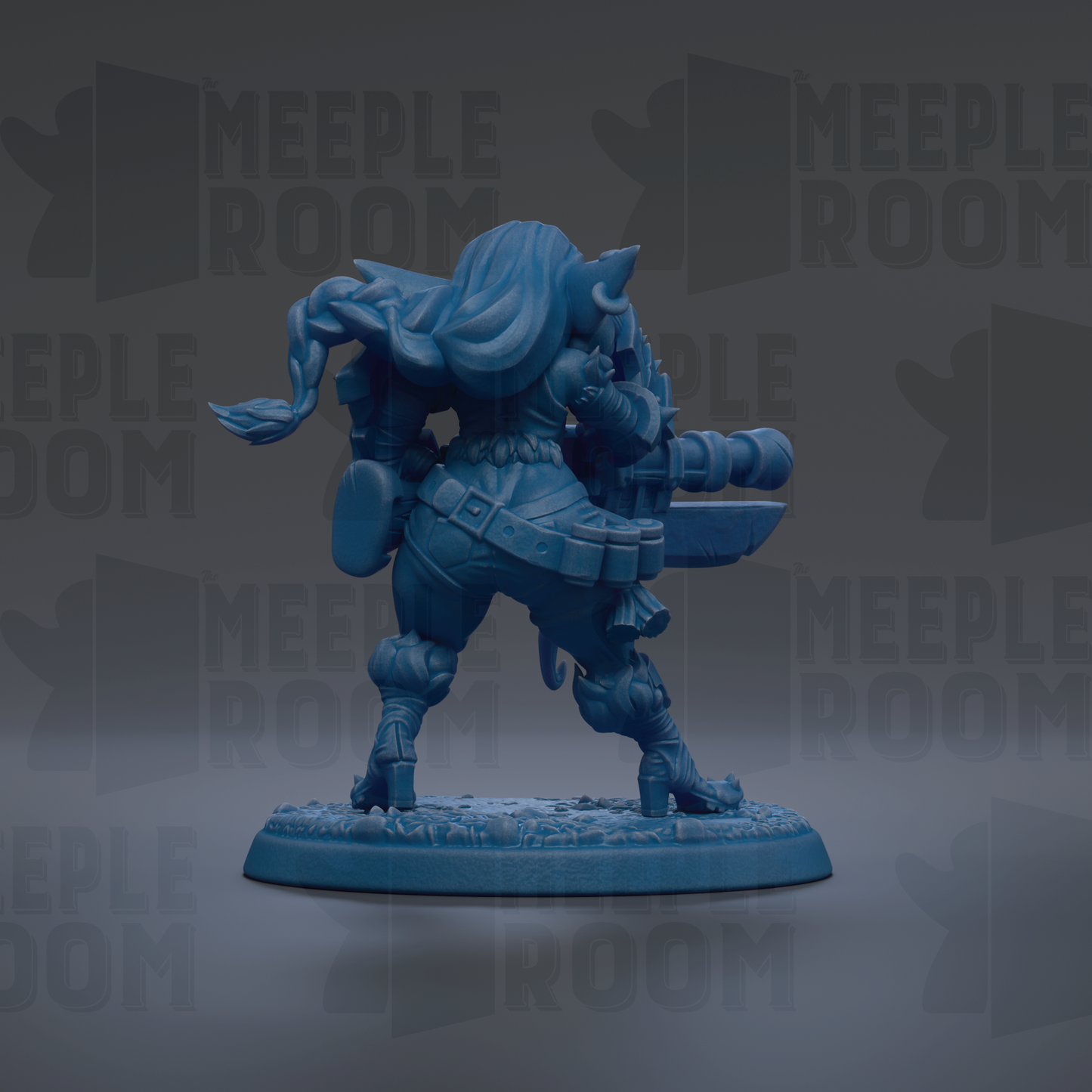 A blue figurine of a character with long hair and a sword, standing on a base.