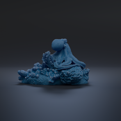 A blue octopus sculpture is displayed against a dark background, with its tentacles spread out in a relaxed pose.