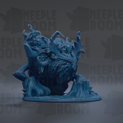 A blue, fantastical creature resembling a dragon or serpent, with intricate details and flowing, organic shapes, is the central focus of the image.