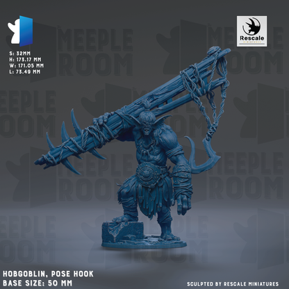 A detailed 3D model of a Hobgoblin, a mythical creature from the fantasy world of the Lord of the Rings, posed with a large pose hook. The base size of the figurine is 50 millimeters. The image is a collage of various images, and it is described as being sculpted by Rescue miniatures.