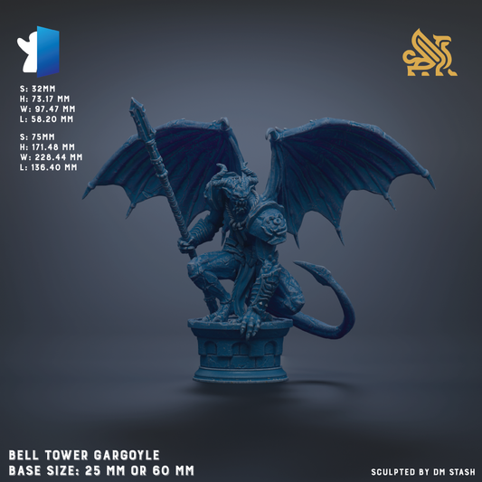 a blue statue of a winged creature, possibly a dragon or a mythical creature, standing on a pedestal. The statue is described as a "Bell Tower Gargoyle" and is shown in a 3:25 scale model. The base size of the statue is either 25mm or 60mm. The image is a 3D rendering of the statue, and it is described as being sculpted by an individual.