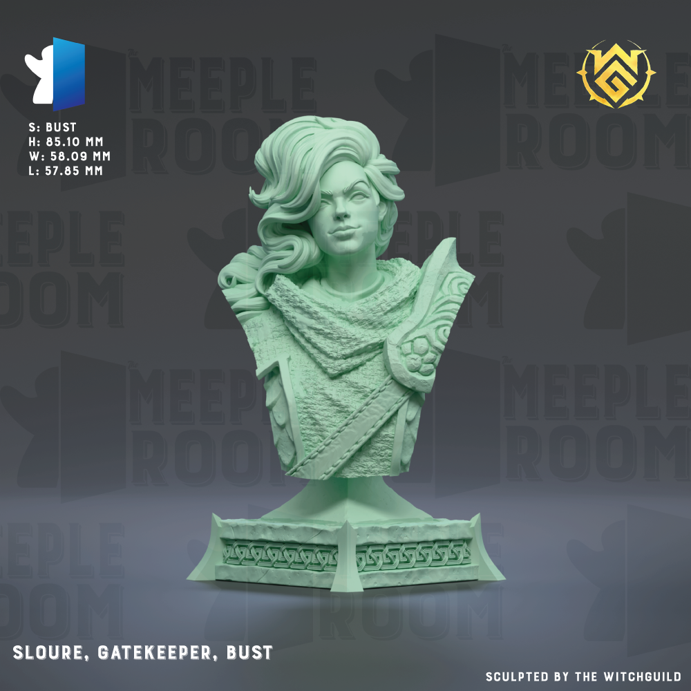 A green bust sculpture of a woman with flowing hair and a decorative scarf, displayed against a dark background with repeated text.