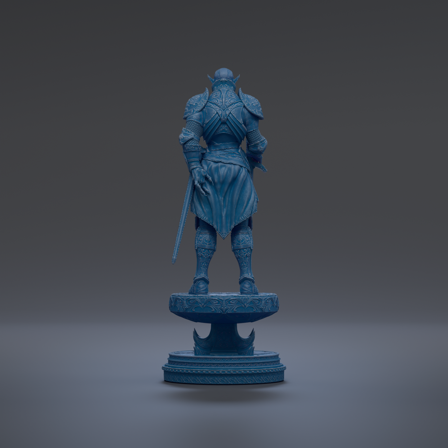 A blue statue of a warrior standing on a pedestal against a dark background.